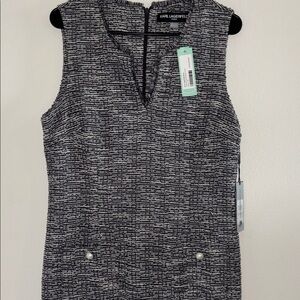 Karl Lagerfeld Black & White Tweed Sheath Dress with Front Pocket Buttons